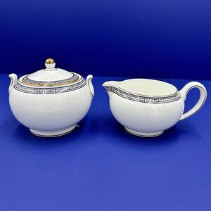 WEDGWOOD Palatia Cream and Sugar Set Bone China Blue Gold Greek Key Trim